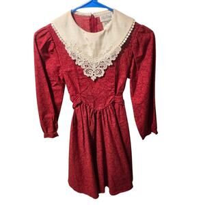 Vintage Rare Editions Red Dress Size 12 Girls Faux Pearl Rhinestone Lace Collar